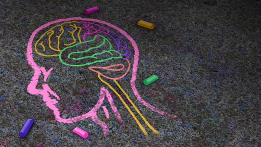 Multi coloured chalk drawing of a brain within a head