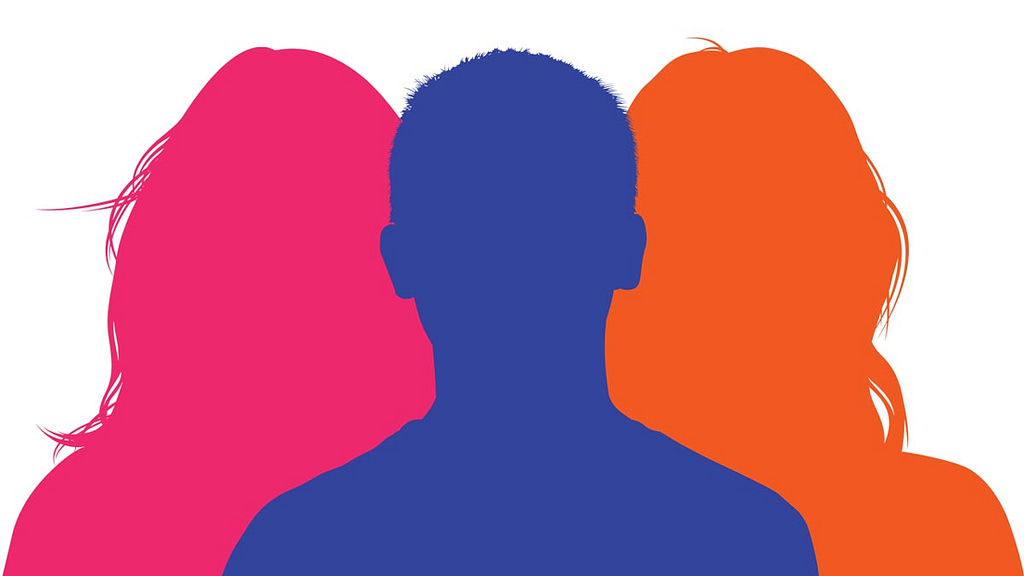 Multicoloured graphic silhouettes of male and female heads