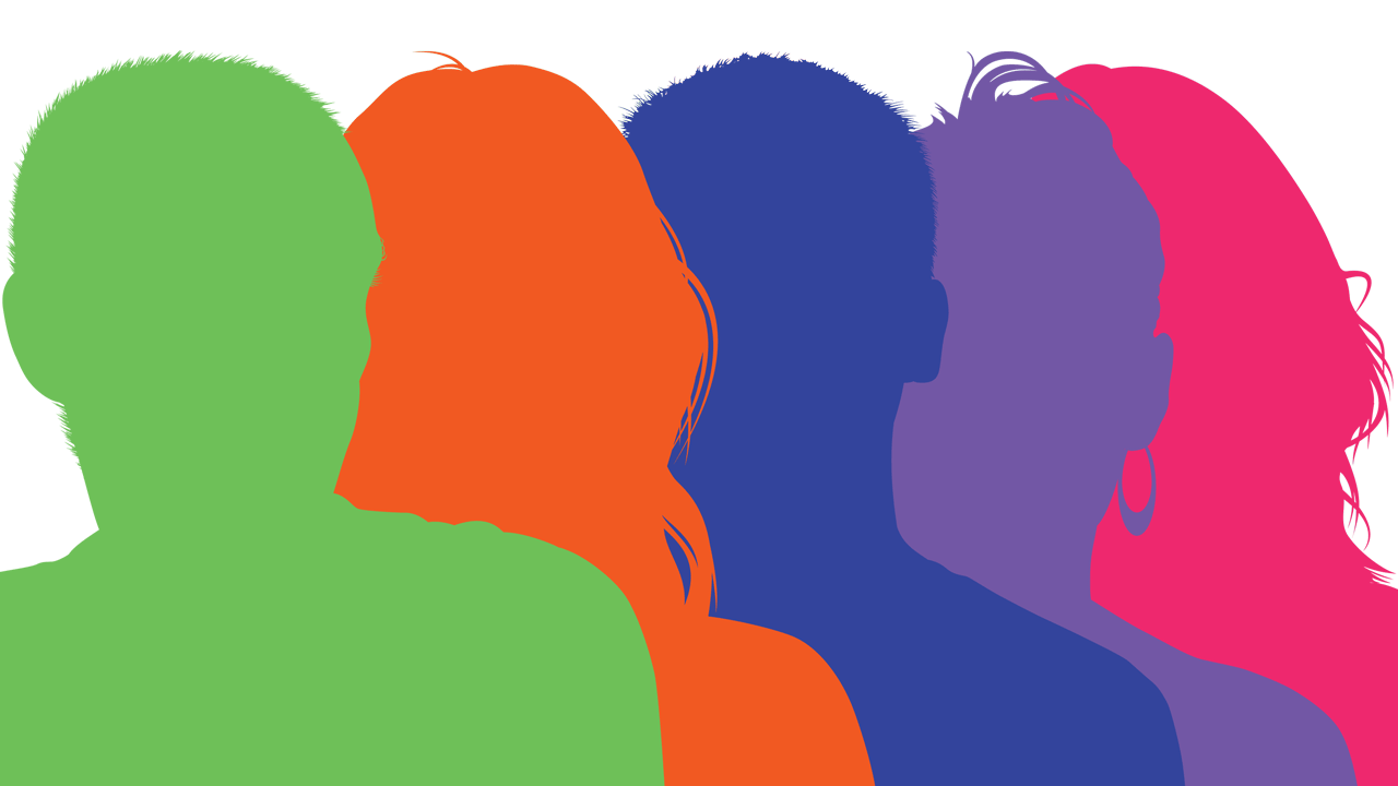 Multicoloured graphic silhouettes of male and female heads